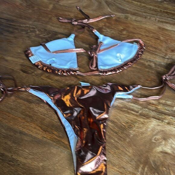 Women's Metallic Shiny Halter Lace-up Bikini Triangle Padded Cup Bra bronze S - Picture 5 of 6